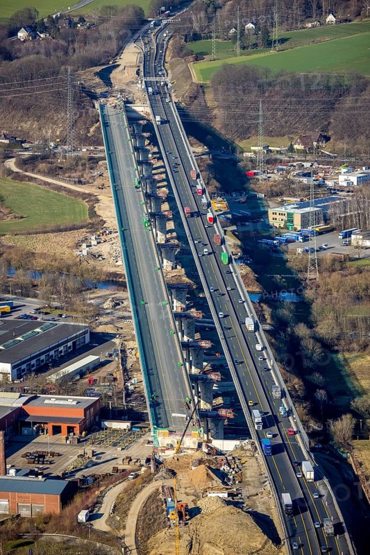 Aerial view, construction site, new construction of a section of the Lennetal Bridge, Lennetal, Hagen, Ruhr area, North Rhine-Westphalia, Germany, construction work, construction, construction area, construction site, construction site, construction project, construction site, bridge, DE, Europe, Lennetal Bridge, aerial view, aerial photography, aerial photography, new construction, road traffic, overview, displacement, bird's-eye view, overview