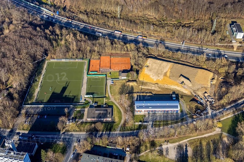 Aerial view, construction site and volunteer fire brigade Hagen Eppenhausen, district sports facility Emst, Emst, Hagen, Ruhr area, North Rhine-Westphalia, Germany, fire fighter, fire protection, fire station, DE, Europe, fire station, fire brigade, football pitch, football stadium, football club, aerial view, aerial photography, aerial photography, rescue station, sports, sports facilities, sports field, sports facility, stadium, tennis, tennis facility, tennis courts, overview, bird's eye view, birds-eyes view, overview