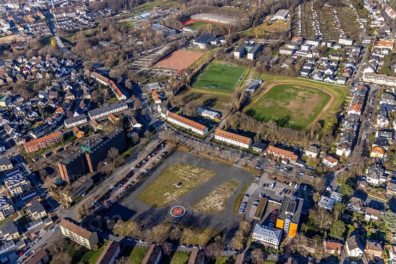 Aerial view, sports grounds Am Sportpark, Ischelandstadion, Krollmann Arena Halle, Theodor-Heuss-Gymnasium, Otto-Ackermann-Platz, streets.North Rhine-Westphalia Regional Office South Westphalia Branch Office Hagen, Altenhagen, Hagen, Ruhr Area, North Rhine-Westphalia, Germany, education, educational institution, DE, Europe, football pitch, football stadium, football club, grammar school, educational institute, aerial photography, aerial photography, aerial photography, school, sports, sports facilities, sports field, sports facility, stadium, overview, bird's-eye view, birds-eyes view, overview