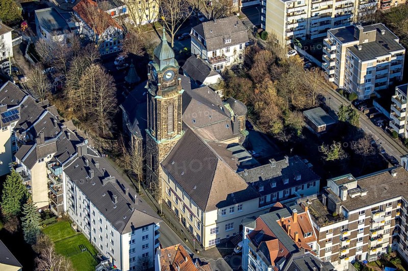 Aerial view, Evang.-Luth. Pauluskirche, Wehringhausen, Hagen, Ruhr area, North Rhine-Westphalia, Germany, place of worship, Borsigstraße, DE, Europe, religious community, place of worship, holy place, church, parish, denomination, aerial view, aerial photography, aerial photography, religion, religious site, overview, bird's-eye view, bird's-eye view, overview
