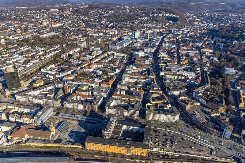 Aerial view, townscape City Hagen, central city, Hagen, Ruhr area, North Rhine-Westphalia, Germany, employment agency, station forecourt, City, DE, Europe, distant view, city centre, aerial view, aerial photography, aerial photography, aerial view, townscape, city area, city centre, overview, bird's eye view, living and life, birds-eyes view, overview