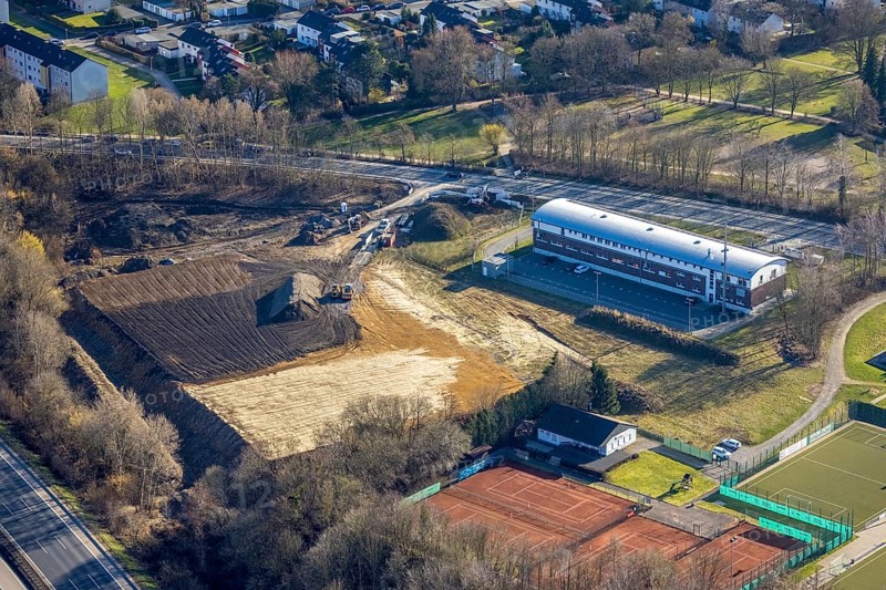 Aerial photo, construction site and volunteer fire brigade Hagen Eppenhausen, Emst, Hagen, Ruhr area, North Rhine-Westphalia, Germany, fire fighter, fire protection, fire watch, DE, Europe, fire station, fire brigade, aerial photo, aerial photography, aerial photography, rescue station, overview, bird's-eye view, overview