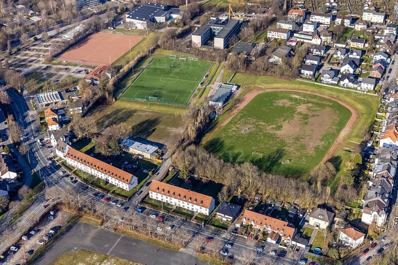 Aerial photo, sports fields at the sports park, Krollmann Arena Halle, Theodor-Heuss-Gymnasium, Altenhagen, Hagen, Ruhr area, North Rhine-Westphalia, Germany, education, educational institution, DE, Europe, football pitch, football stadium, football club, grammar school, educational institute, aerial photo, aerial photography, aerial photography, school, sports, sports facilities, sports field, sports facility, stadium, overview, bird's-eye view, overview