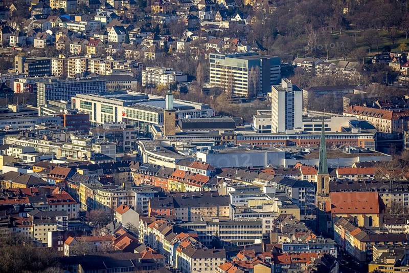 Aerial view, city centre view, Johanniskirche, Rathaus Galerie Hagen, Volme Galerie, town hall tower, Mittelstadt, Hagen, Ruhr area, North Rhine-Westphalia, Germany, place of worship, City, DE, shopping centre, shopping place, shopping mall, Europe, specialist markets, religious community, house of worship, high-rise building, city centre, church, parish, denomination, aerial view, aerial photography, aerial photography, Mittelstraße, shopping centre, city view, city area, city centre, tower, overview, bird's-eye view, overview