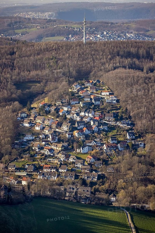 Aerial view, local view Selbecke in the forest with radio tower Selbecke, Eilpe, Hagen, Ruhr area, North Rhine-Westphalia, Germany, DE, Europe, television tower, radio tower, property tax, real estate, aerial view, aerial photography, aerial photography, tower, overview, bird's-eye view, forest area, residential area, living and living, residential area, residential buildings, quality of life, residential neighbourhood, housing estate, birds-eyes view, overview
