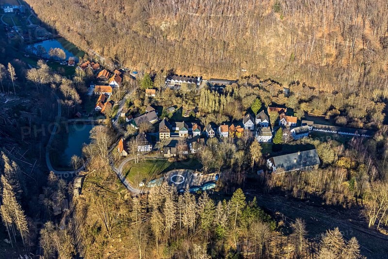 Aerial photograph, LWL-Freilichtmuseum Hagen, Eilpe, Hagen, Ruhr area, North Rhine-Westphalia, Germany, DE, Europe, open-air museum, aerial photograph, aerial photography, aerial photography, museum, Mäckingerbach, overview, bird's-eye view, forest, forest area, birds-eyes view, overview
