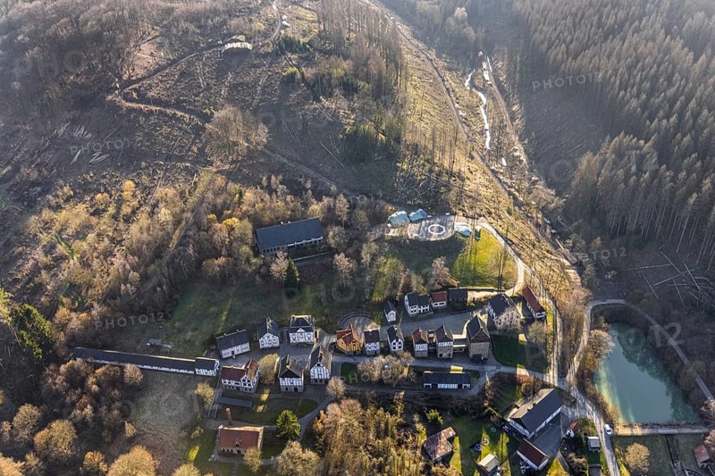 Aerial photograph, LWL-Freilichtmuseum Hagen, Eilpe, Hagen, Ruhr area, North Rhine-Westphalia, Germany, DE, Europe, open-air museum, aerial photograph, aerial photography, aerial photography, museum, Mäckingerbach, overview, bird's-eye view, forest, forest area, birds-eyes view, overview
