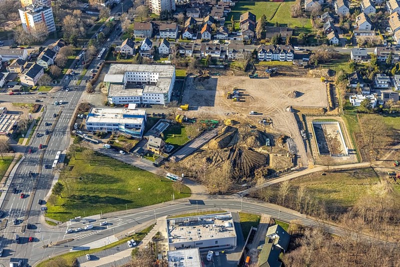 Aerial view, district court Hagen central dunning department, construction site extension Sanitätshaus Riepe an der Knippschildstraße, Boele, Hagen, Ruhr area, North Rhine-Westphalia, Germany, construction work, construction area, construction site, building plots, construction project, construction site, authority, DE, Europe, aerial view, aerial photography, aerial photography, new building, overview, bird's eye view, birds-eyes view, overview
