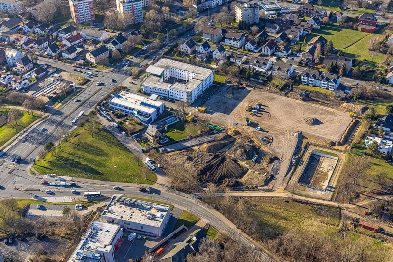 Aerial view, district court Hagen central dunning department, construction site extension Sanitätshaus Riepe an der Knippschildstraße, Boele, Hagen, Ruhr area, North Rhine-Westphalia, Germany, construction work, construction area, construction site, building plots, construction project, construction site, authority, DE, Europe, aerial view, aerial photography, aerial photography, new building, overview, bird's eye view, birds-eyes view, overview