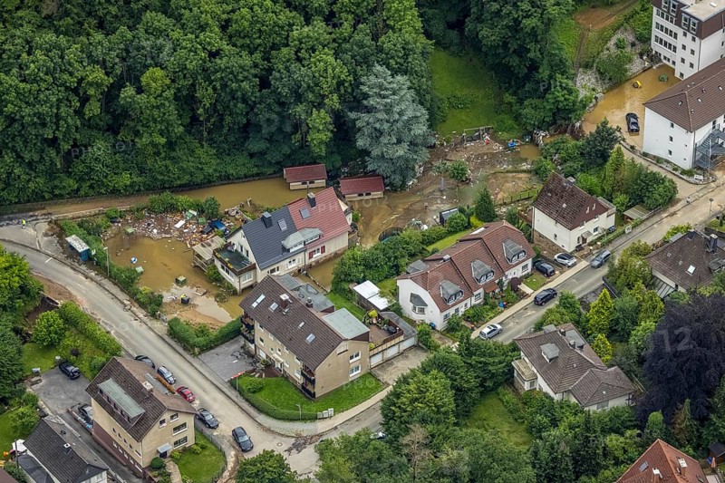 Aerial photo, Lennehochwasser, Hohenlimburg, Hagen, Ruhr area, North Rhine-Westphalia, Germany, DE, Europe, birds-eyes view, aerial photography, aerial photography, overview, overview, bird's eye view