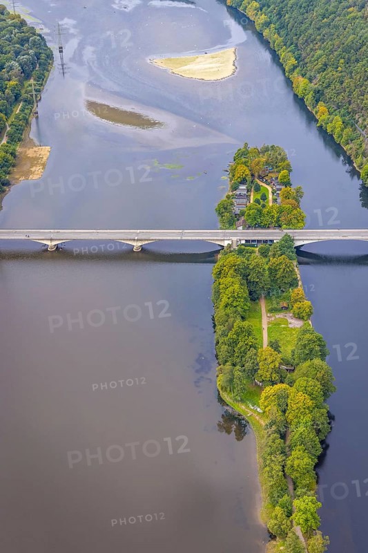 Aerial view, Hengsteysee with island and Ruhr bridge in the district Boele in Hagen, Ruhr area, North Rhine-Westphalia, Germany, DE, Europe, Hagen, aerial view, aerial photography, aerial photography, lake, overview, bird's-eye view, overview