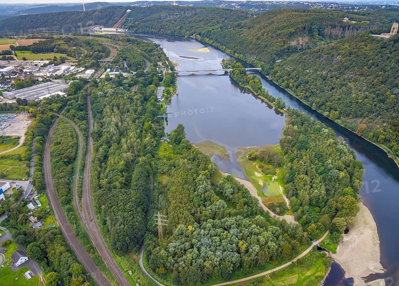 Aerial view, Hengsteysee with island and Ruhr bridge in the district Boele in Hagen, Ruhr area, North Rhine-Westphalia, Germany, DE, Europe, Hagen, aerial view, aerial photography, aerial photography, lake, overview, bird's-eye view, overview