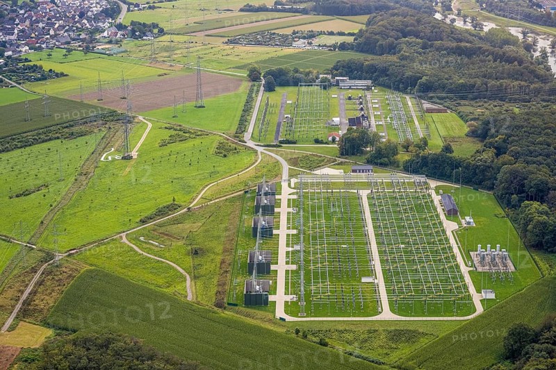 Aerial view, power line and substation Garenfeld in the district Boele in Hagen, Ruhr area, North Rhine-Westphalia, Germany, DE, Europe, Hagen, aerial view, aerial photography, aerial photography, overview, bird's-eye view, overview