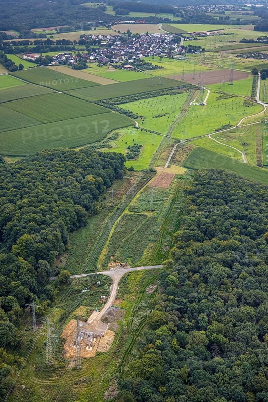 Aerial view, power line and substation Garenfeld in the district Boele in Hagen, Ruhr area, North Rhine-Westphalia, Germany, DE, Europe, Hagen, aerial view, aerial photography, aerial photography, overview, bird's-eye view, overview