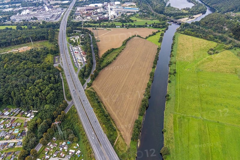 Aerial view, Lennhof service area on the A1 motorway with Lennemündung into the Ruhr in the district of Boele in Hagen, Ruhr area, North Rhine-Westphalia, Germany, motorway, DE, Europe, freight traffic, Hagen, aerial view, aerial photography, aerial photography, car parks, Lennhof service area, road traffic, overview, traffic volume, bird's eye view, overview