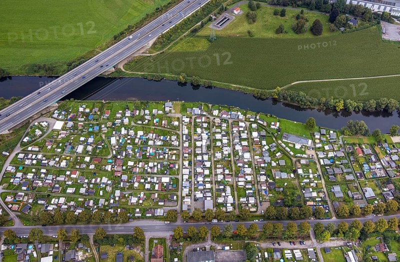 Aerial view, CampingClub Garenfeld Ruhrbogen at the river Ruhr in the district Boele in Hagen, Ruhr area, North Rhine-Westphalia, Germany, motorway A1, camping, camping facility, camping houses, camping mobile, camping site, DE, Europe, leisure, Hagen, hobby, aerial view, aerial photography, aerial photography, overview, bird's eye view, motorhome, caravan, birds-eyes view, overview