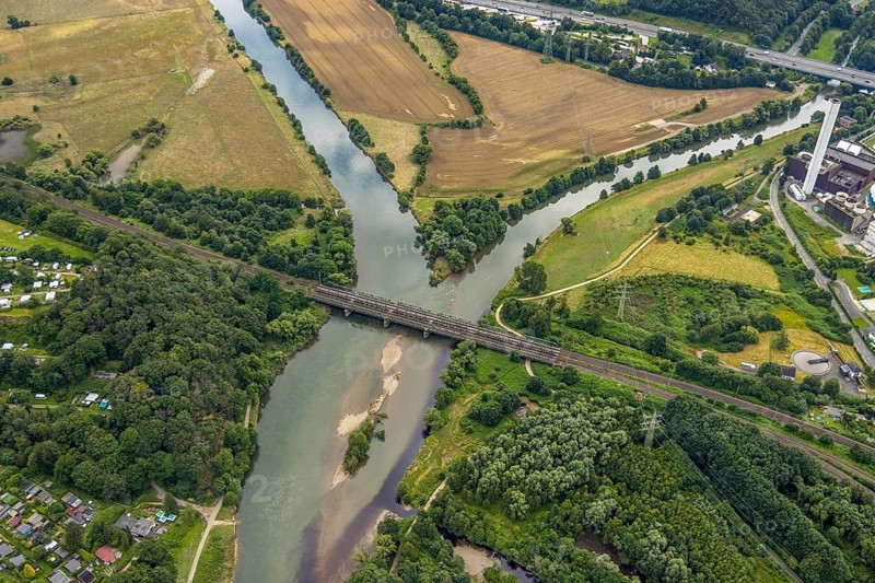 Aerial view, the mouth of the river Lenne into the Ruhr near Hagen and Dortmund, a week ago the Ruhr was still flooded, course of the Ruhr, Boele, Hagen, Ruhr area, North Rhine-Westphalia, Germany, DE, Europe, birds-eyes view, aerial view, aerial photography, aerial photography, overview, bird's eye view