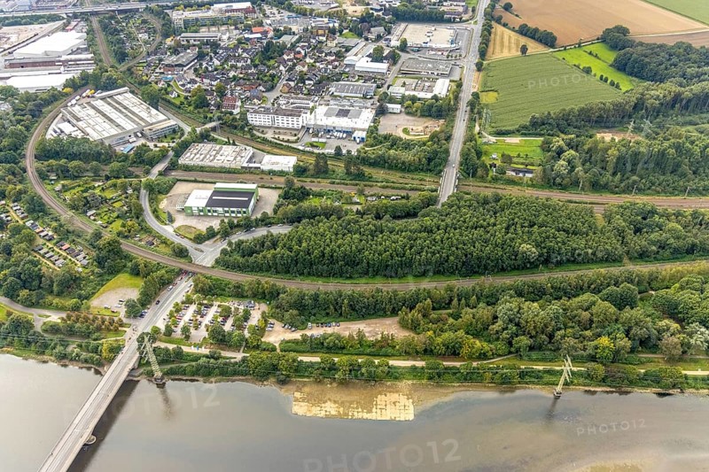Aerial view, Hengsteysee with Ruhr bridge and industrial area Boele in the district Boele in Hagen, Ruhr area, North Rhine-Westphalia, Germany, DE, Europe, Hagen, aerial view, aerial photography, aerial photography, overview, bird's-eye view, overview
