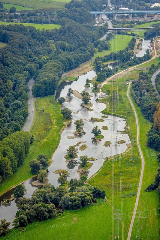 Aerial photo, renaturalisation measure river Lenne and Lenneauen in the district Lennetal in Hagen, Ruhr area, North Rhine-Westphalia, Germany, floodplain landscape, DE, Europe, Hagen, aerial photo, aerial photography, aerial photography, nature reserve, overview, bird's-eye view, overview, renaturalised river, eco-project