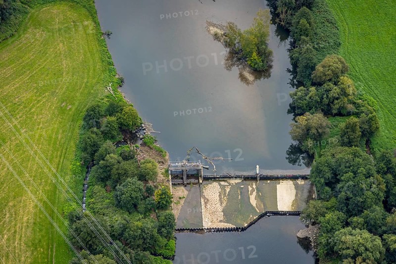 Aerial view, driftwood at the weir at the river Lenne in the district Boele in Hagen, Ruhr area, North Rhine-Westphalia, Germany, DE, Europe, Hagen, aerial view, aerial photography, aerial photography, overview, bird's eye view, weir, birds-eyes view, overview