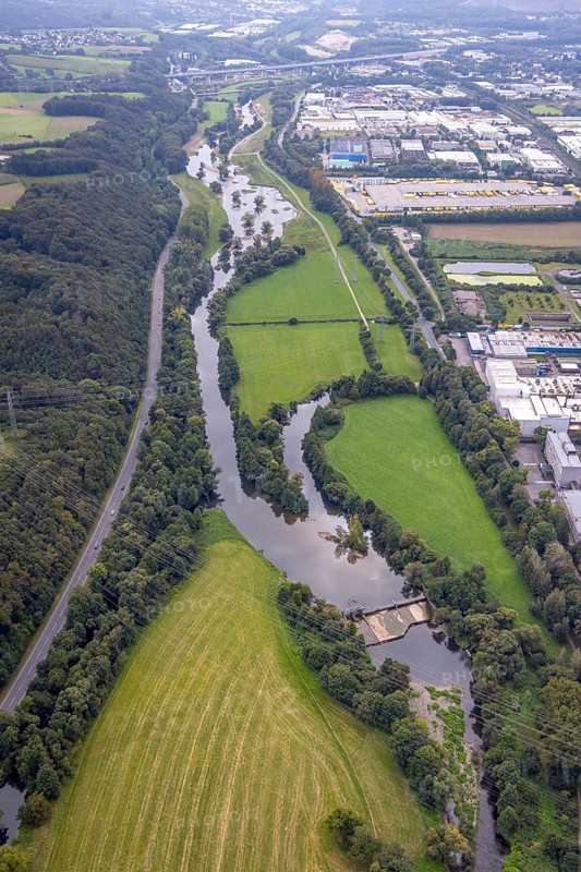 Aerial view, driftwood weir at the river Lenne in the district Boele in Hagen, Ruhr area, North Rhine-Westphalia, Germany, DE, Europe, Hagen, aerial view, aerial photography, aerial photography, overview, bird's eye view, weir, birds-eyes view, overview