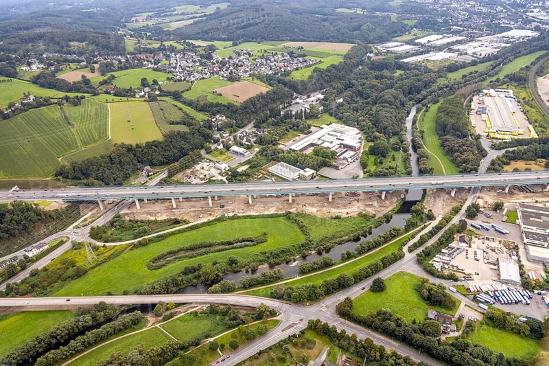 Aerial view, motorway A45 new Lennetal bridge in the district Lennetal in Hagen, Ruhr area, North Rhine-Westphalia, Germany, motorway bridge, bridge, DE, Europe, Hagen, aerial view, aerial photography, aerial photography, lateral displacement, overview, bird's eye view, birds-eyes view, overview