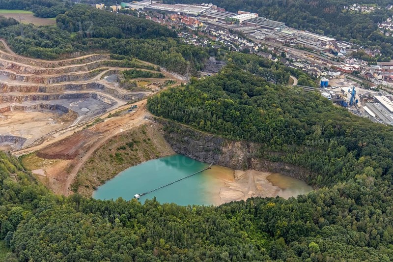 Aerial view, Steltenberg quarry in the Oege district of Hohenlimburg in Hagen, Ruhr area, North Rhine-Westphalia, Germany, DE, Europe, Hagen, Hohenlimburger Kalkwerke GmbH, Steltenberg nature reserve, aerial photograph, aerial photography, aerial photography, nature reserve, quarry, overview, bird's-eye view, overview