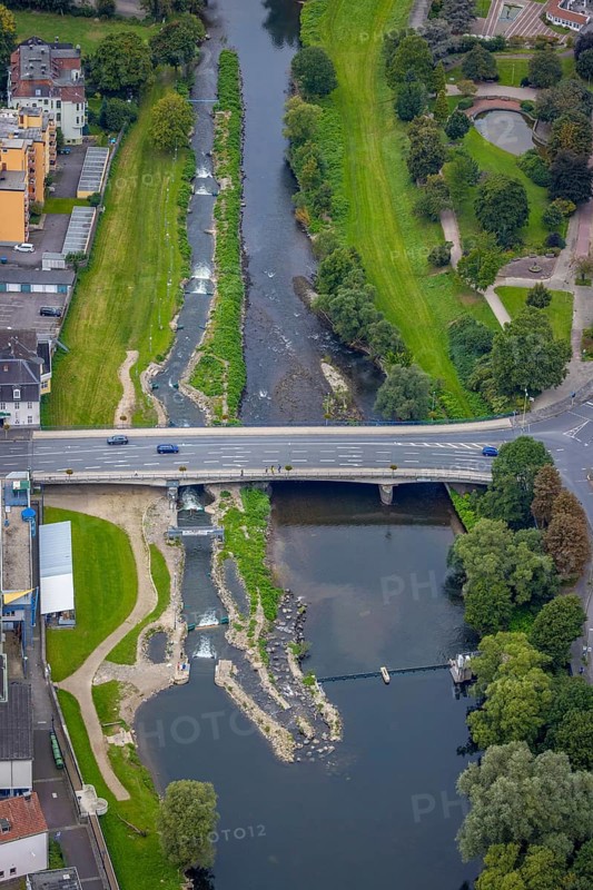 Aerial view, bridge of the federal road B7 Stennenstraße over the river Lenne with white water facility in the district Hohenlimburg, Hagen, Ruhr area, North Rhine-Westphalia, Germany, bridge, federal road B7, DE, Europe, Lenne bridge, aerial view, aerial photography, aerial photography, overview, bird's-eye view, overview