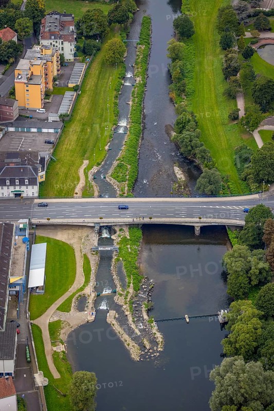 Aerial view, bridge of the federal road B7 Stennenstraße over the river Lenne with white water facility in the district Hohenlimburg, Hagen, Ruhr area, North Rhine-Westphalia, Germany, bridge, federal road B7, DE, Europe, Lenne bridge, aerial view, aerial photography, aerial photography, overview, bird's-eye view, overview