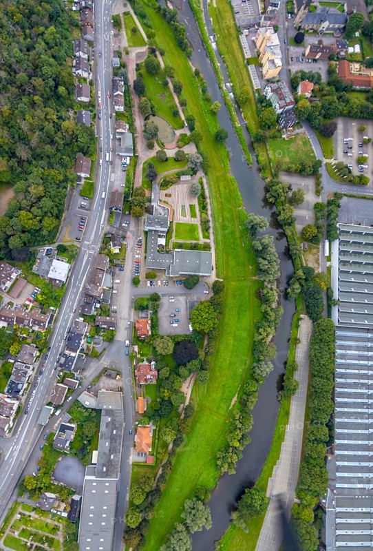 Aerial view, river Lenne at Lennepark and Richard-Römer-Lennebad in the district Hohenlimburg in Hagen, Ruhr area, North Rhine-Westphalia, Germany, DE, Europe, leisure pool, Hagen, aerial view, aerial photography, aerial photography, park, swimming pool, overview, bird's eye view, birds-eyes view, overview