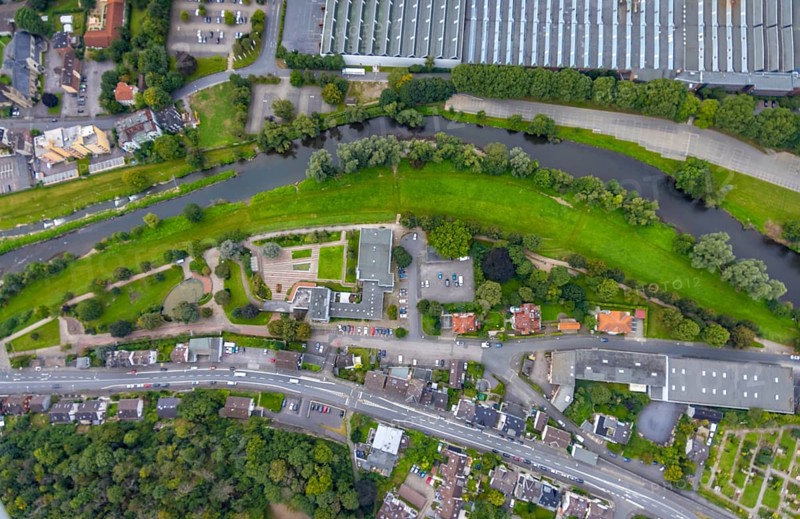 Aerial view, river Lenne at Lennepark and Richard-Römer-Lennebad in the district Hohenlimburg in Hagen, Ruhr area, North Rhine-Westphalia, Germany, DE, Europe, leisure pool, Hagen, aerial view, aerial photography, aerial photography, park, swimming pool, overview, bird's eye view, birds-eyes view, overview
