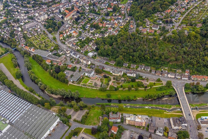 Aerial view, river Lenne at Lennepark and Richard-Römer-Lennebad in the district Hohenlimburg in Hagen, Ruhr area, North Rhine-Westphalia, Germany, DE, Europe, leisure pool, Hagen, aerial view, aerial photography, aerial photography, park, swimming pool, overview, bird's eye view, birds-eyes view, overview
