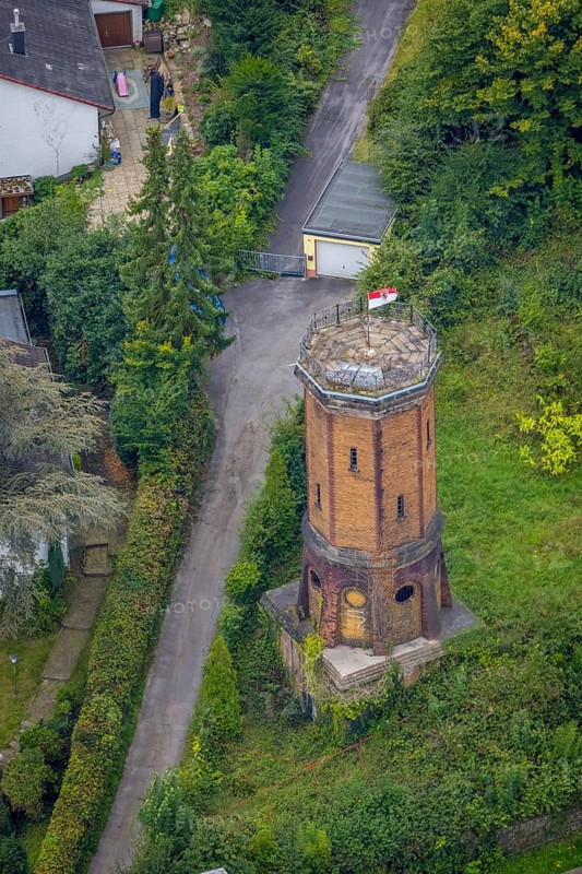 Aerial view, octagonal water tower with monument protection at Boeingstraße in the district Hohenlimburg in Hagen, Ruhr area, North Rhine-Westphalia, Germany, DE, monument protection, Europe, Hagen, aerial view, aerial photography, aerial photography, tower, overview, bird's-eye view, overview