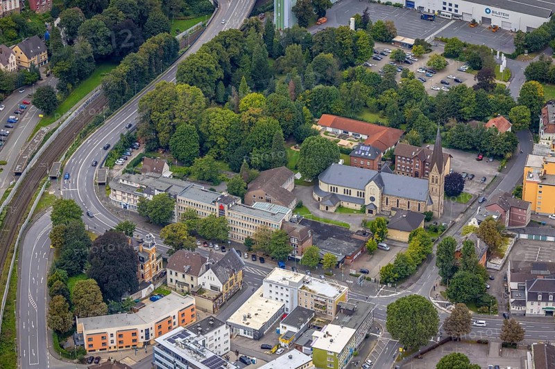 Aerial view, St. Boniface Catholic Church, Old Wineyard School and St. Boniface Day Care Centre in the Hohenlimburg district of Hagen, Ruhr area, North Rhine-Westphalia, Germany, place of worship, DE, Europe, religious community, place of worship, Hagen, sacred site, kindergarten, day care centre, day care centre, church, parish, day care centre, denomination, aerial view, aerial photography, aerial photography, religion, religious site, overview, bird's-eye view, overview