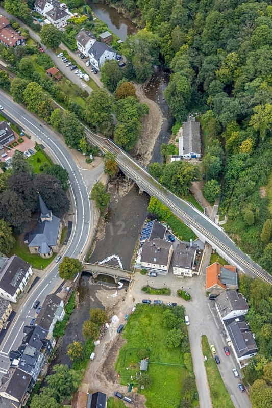 Aerial photo, flood protection at the Volme bridge and railway bridge in the district of Dahl in Hagen, Ruhr area, North Rhine-Westphalia, Germany, DE, Europe, flood disaster, Hagen, flood, flood disaster, flood protection, aerial photo, aerial photography, aerial photography, overview, bird's-eye view, overview, flooding, flooding area