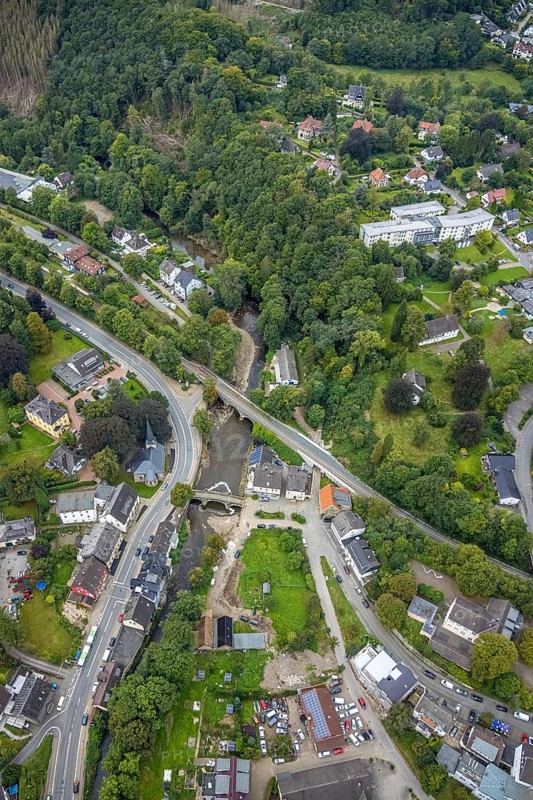 Aerial photo, flood protection at the Volme bridge and railway bridge in the district of Dahl in Hagen, Ruhr area, North Rhine-Westphalia, Germany, DE, Europe, flood disaster, Hagen, flood, flood disaster, flood protection, aerial photo, aerial photography, aerial photography, overview, bird's-eye view, overview, flooding, flooding area