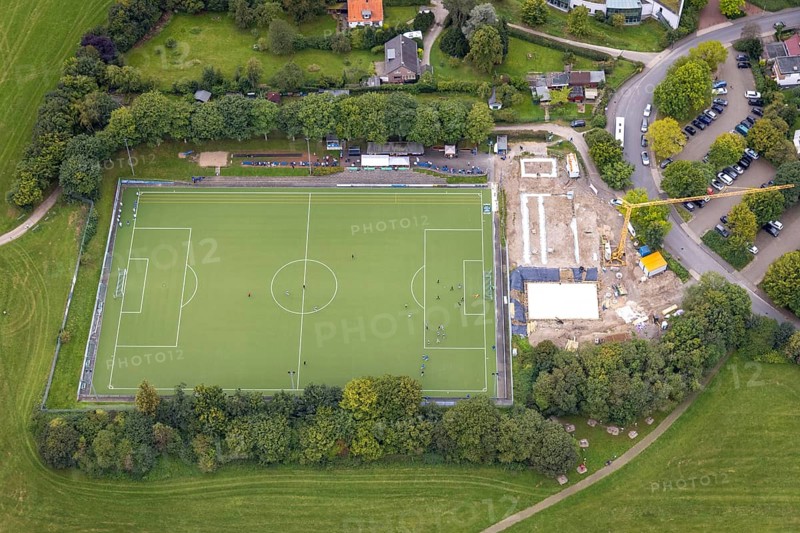 Aerial view, construction site at the sports ground Wörthstraße of TSV Fichte Hagen 1863 in the district Eilpe in Hagen, Ruhr area, North Rhine-Westphalia, Germany, construction work, construction area, building site, building plots, construction project, construction site, DE, Europe, football pitch, football stadium, Hagen, artificial turf pitch, aerial view, aerial photography, aerial photography, sports, sports facilities, sports ground, sports facility, overview, bird's eye view, bird's eye view, overview