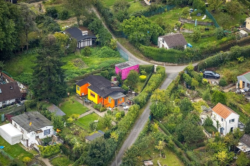 Aerial view, allotment garden association Goldberg in the district Eilpe in Hagen, Ruhr area, North Rhine-Westphalia, Germany, DE, Europe, community garden, Hagen, KGV, allotment garden, allotment garden site, allotment garden association, aerial view, aerial photography, aerial photography, allotment garden, overview, bird's-eye view, overview