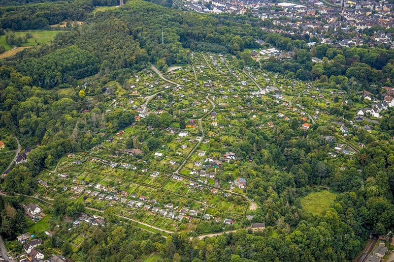 Aerial view, allotment garden association Goldberg in the district Eilpe in Hagen, Ruhr area, North Rhine-Westphalia, Germany, DE, Europe, community garden, Hagen, KGV, allotment garden, allotment garden site, allotment garden association, aerial view, aerial photography, aerial photography, allotment garden, overview, bird's-eye view, overview