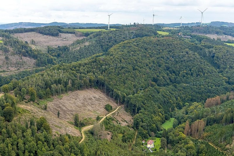 Aerial photo, forest damage and wind turbines in the Rummenohl district of Hagen, Ruhr area, North Rhine-Westphalia, Germany, tree dieback, bark beetle damage, bark beetle plague, DE, Europe, spruce dieback, Hagen, clear-cutting, aerial photo, aerial photography, aerial photography, overview, bird's-eye view, wind turbines, forest, forest damage, forest dieback, wind energy, wind turbine, wind power, wind turbine, wind turbines, birds-eyes view, overview