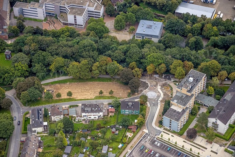 Aerial view, construction site at the former Büddinghardt car park at the Protestant hospital in the Haspe-West district of Hagen, Ruhr area, North Rhine-Westphalia, Germany, construction work, construction area, building site, building plots, construction project, construction site, DE, Europe, Hagen, aerial photograph, aerial photography, aerial photography, overview, bird's-eye view, bird's-eye view, overview