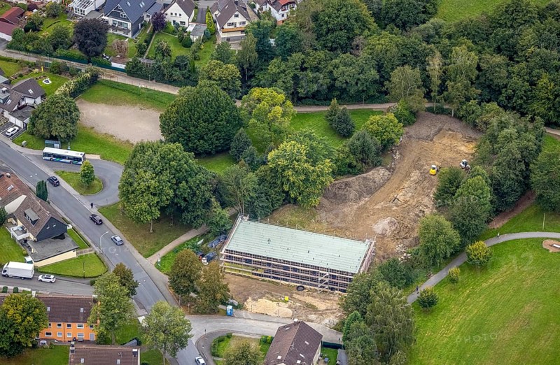 Aerial view, construction site and new building at Quambusch for day care centre Jungfernbruch 96 in the district Haspe-West in Hagen, Ruhr area, North Rhine-Westphalia, Germany, construction work, construction area, building site, building plots, construction project, construction site, DE, Europe, Hagen, kindergarten, day care centre, day care centre, aerial view, aerial photography, aerial photography, new building, overview, bird's-eye view, overview