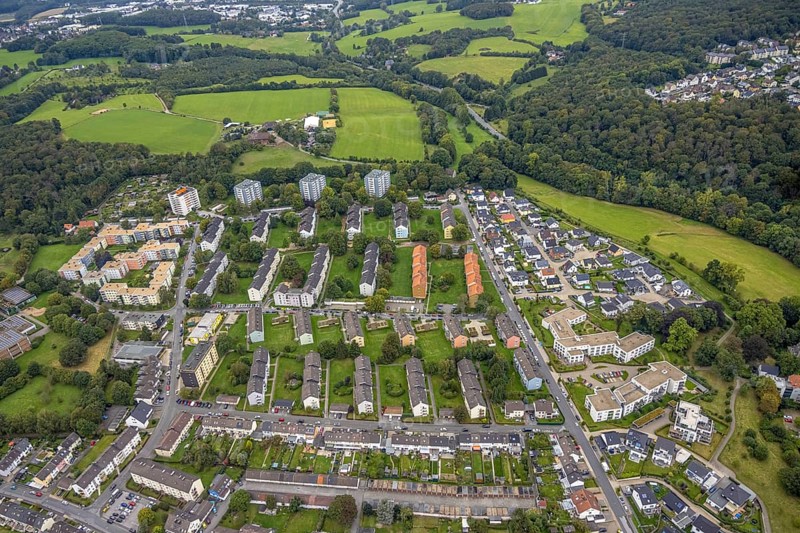 Aerial view, residential estate with nursing home Harkorten in the district Haspe-West in Hagen, Ruhr area, North Rhine-Westphalia, Germany, retirement home, old people's home, care and nursing, DE, Europe, property tax, Hagen, Harkortstraße, real estate, aerial view, aerial photography, aerial photography, care facility, retirement home, retirement residence, retirement home, retirement centre, overview, bird's-eye view, residential complex, living and living, residential area, residential buildings, residential quality, residential quarter, housing estate, birds-eyes view, overview
