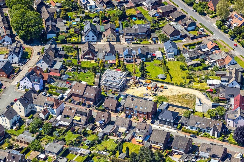 Aerial view, construction site and new building Auf der Heide / Akazienweg, Haltern-Stadt, Haltern am See, Ruhr area, North Rhine-Westphalia, Germany, construction work, construction area, building site, building plots, construction project, construction site, DE, Europe, aerial view, aerial photography, aerial photography, new building, overview, bird's-eye view, overview