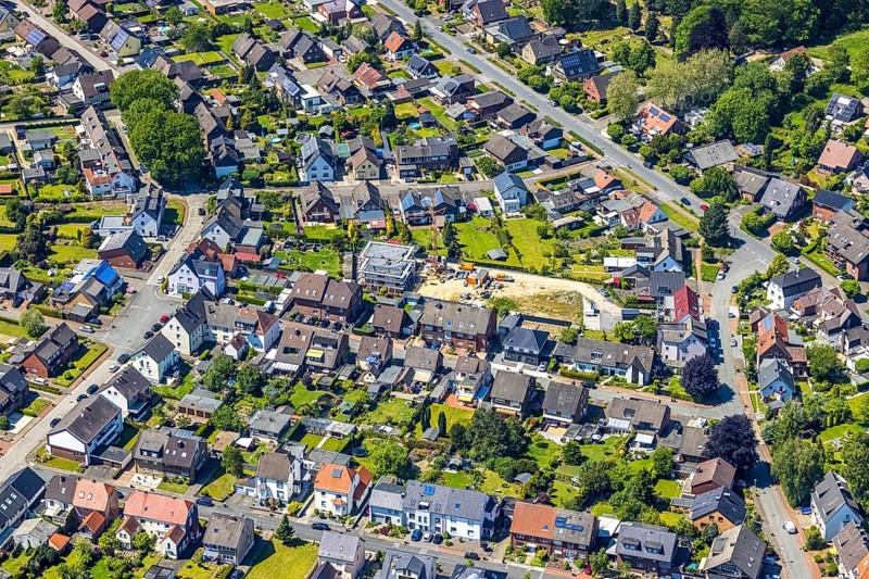 Aerial view, construction site and new building Auf der Heide / Akazienweg, Haltern-Stadt, Haltern am See, Ruhr area, North Rhine-Westphalia, Germany, construction work, construction area, building site, building plots, construction project, construction site, DE, Europe, aerial view, aerial photography, aerial photography, new building, overview, bird's-eye view, overview