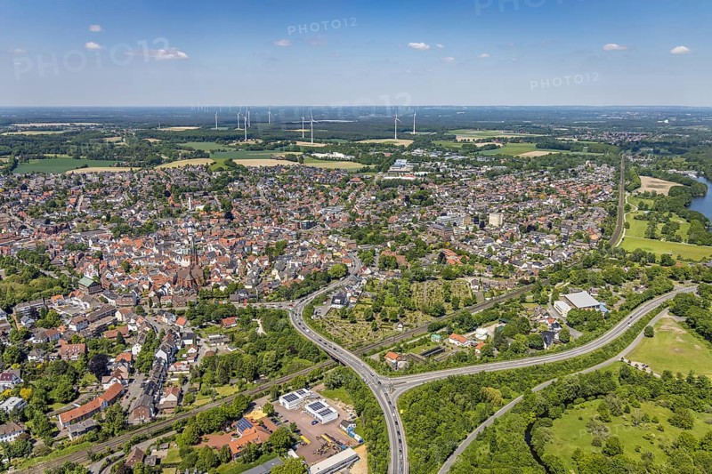 Aerial view, Old town with catholic St.Sixtus-Kirche, Altstadring, Haltern-Stadt, Haltern am See, Ruhr area, North Rhine-Westphalia, Germany, Old Town, Old Town view, Old Town area, Old Town ring road, Place of worship, DE, Europe, Religious community, Place of worship, Holy site, Church, Parish, Denomination, roundabout, roundabout, aerial view, aerial photography, aerial photography, religion, religious site, vertical view, overview, bird's-eye view, WEA, wind energy, wind energy plant, wind power, wind turbine, wind turbines, birds-eyes view, historic city centre, overview