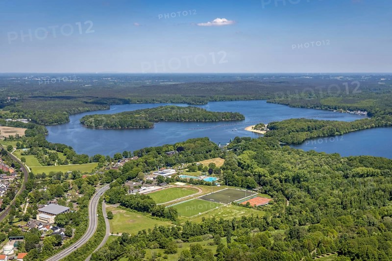 Aerial view, Haltern reservoir, Hullerner Straße, sports ground TuS Haltern am See, leisure pool watercolour, Haltern town, Haltern am See, Ruhr area, North Rhine-Westphalia, Germany, bathing establishment, bathing resort, DE, Europe, outdoor pool, leisure activities, football pitch, aerial view, aerial photography, aerial photography, swimming pool, swimming pool, lake, sports facilities, sports ground, sports facility, reservoir, overview, bird's-eye view, overview