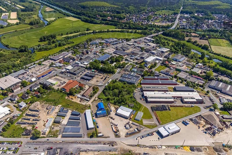 Aerial view, industrial estate south Recklinghäuser Straße, river Lippe with Lippebogen, canal bridge, Haltern-Stadt, Haltern am See, Ruhr area, North Rhine-Westphalia, Germany, bridge, bridge Recklinghäuser Straße, DE, Europe, commercial enterprises, commercial area, industrial estate, industrial park, commercial location, commercial use, industrial area, industrial building, industrial location, aerial view, aerial photography, aerial photography, overview, bird's-eye view, WEA, forest area, wind energy, wind energy plant, wind power, wind power plant, wind turbines, birds-eyes view, overview