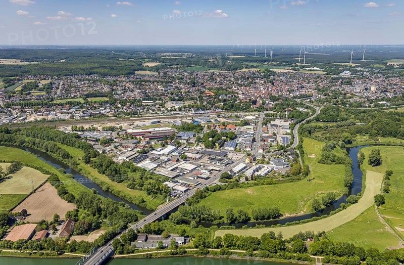 Aerial view, industrial estate south Recklinghäuser Straße, river Lippe with Lippebogen, canal bridge, Haltern-Stadt, Haltern am See, Ruhr area, North Rhine-Westphalia, Germany, bridge, bridge Recklinghäuser Straße, DE, Europe, commercial enterprises, commercial area, industrial estate, industrial park, commercial location, commercial use, industrial area, industrial building, industrial location, aerial view, aerial photography, aerial photography, overview, bird's-eye view, WEA, forest area, wind energy, wind energy plant, wind power, wind power plant, wind turbines, birds-eyes view, overview