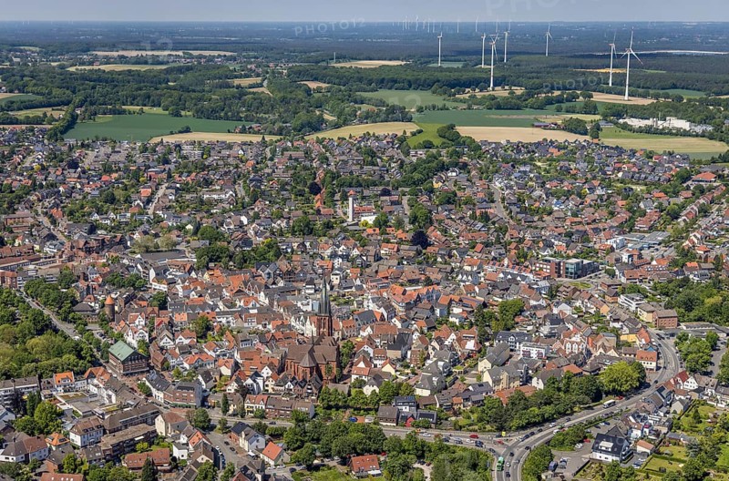 Aerial view, Old town with catholic St.Sixtus-Kirche, Altstadring, Haltern-Stadt, Haltern am See, Ruhr area, North Rhine-Westphalia, Germany, Old Town, Old Town view, Old Town area, Old Town ring road, Place of worship, DE, Europe, Religious community, Place of worship, Holy site, Church, Parish, Denomination, roundabout, roundabout, aerial view, aerial photography, aerial photography, religion, religious site, vertical view, overview, bird's-eye view, WEA, wind energy, wind energy plant, wind power, wind turbine, wind turbines, birds-eyes view, historic city centre, overview